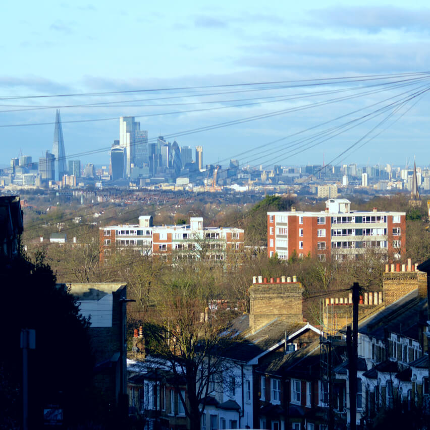 A view of the distant central London cityscape from a street in Crystal Palace, within walking distance of Anerley, in south east London